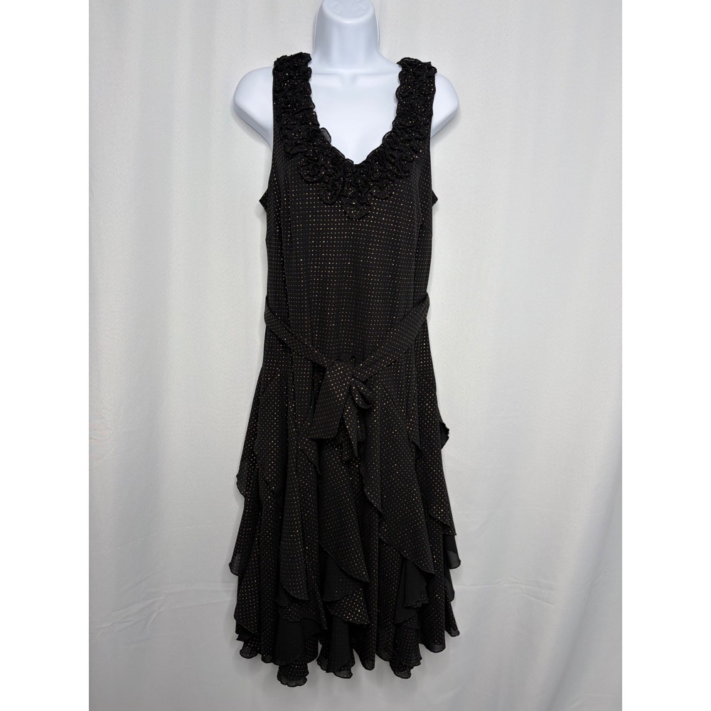 Signature by RB Retro Black Gold Polka Dot Ruffle Tiered Cocktail Dress 10 Fairy